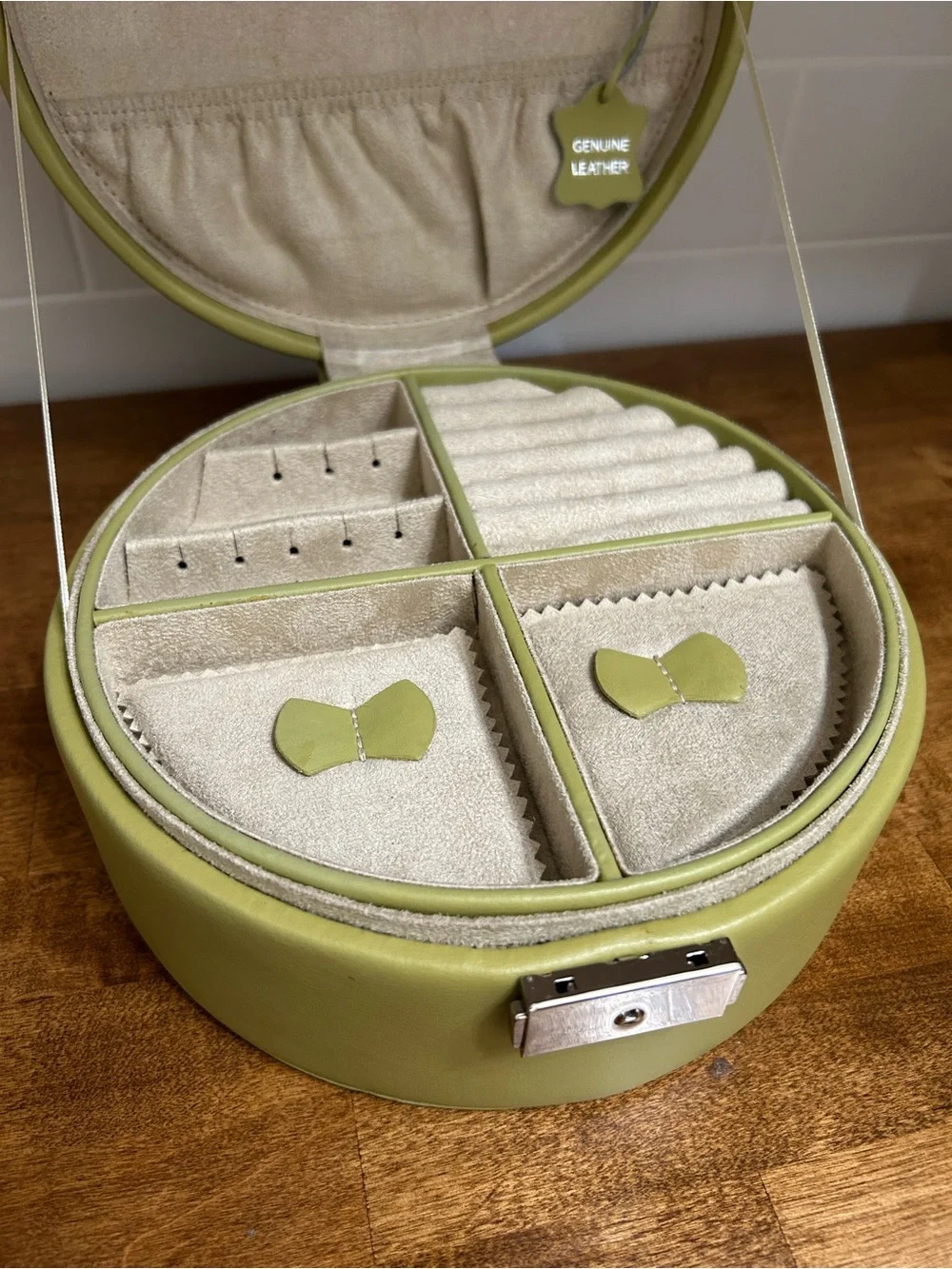 Leather Olive Green Round Jewelry Organizer Case with Mirror